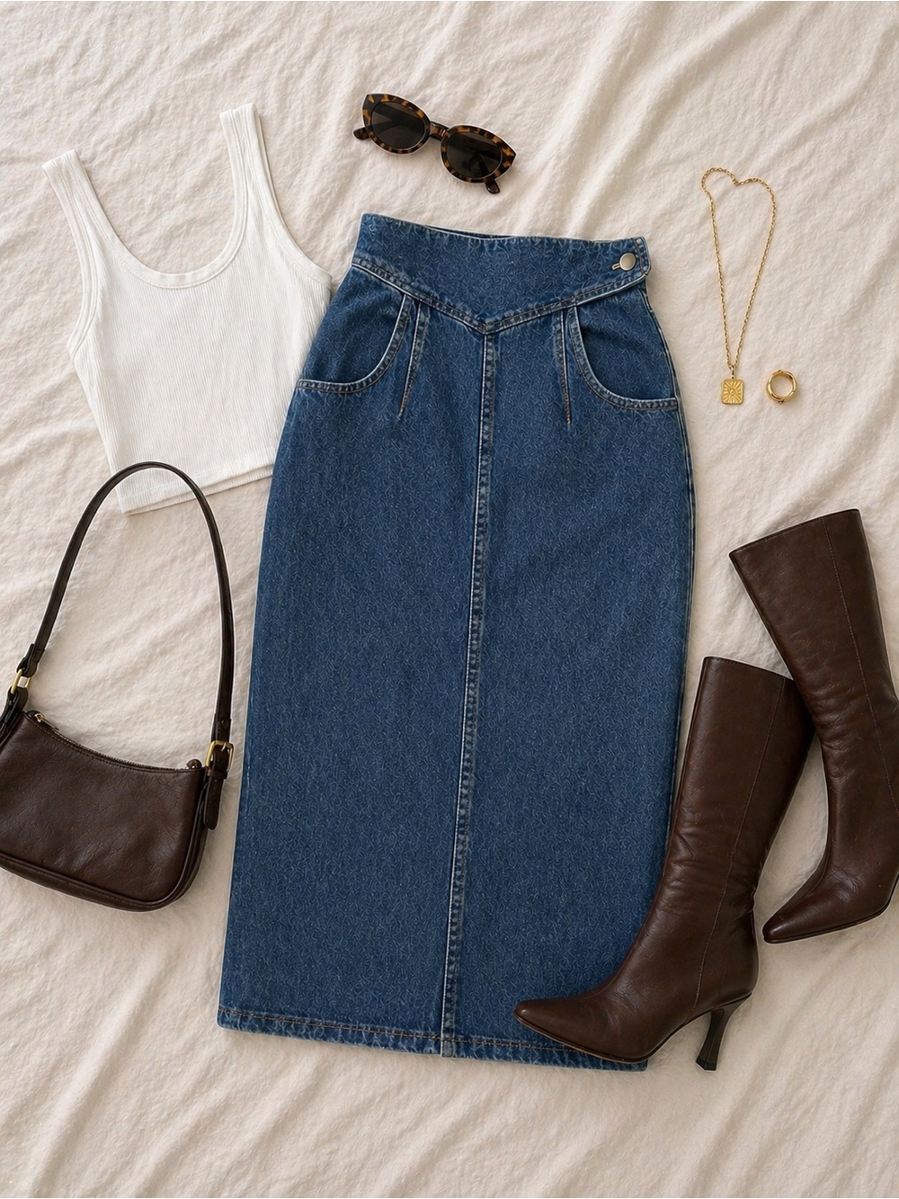 Venezia Blue Denim Midi Skirt with Front Yoke